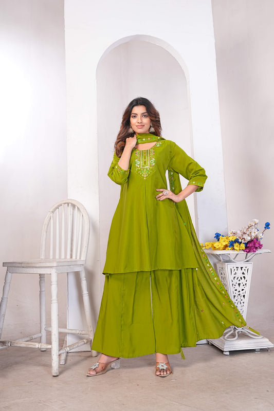 Olive Green Embroidered Kurti Set with Dupatta