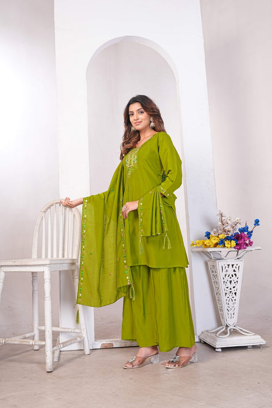 Olive Green Embroidered Kurti Set with Dupatta