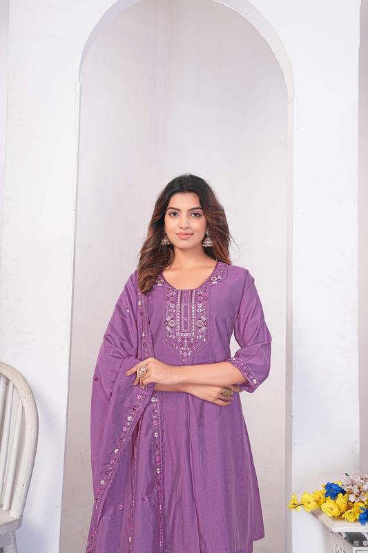Lavender Embroidered Straight Kurti with Dupatta