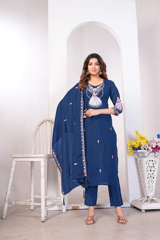 Navy Blue Embroidered Kurti Set with Dupatta