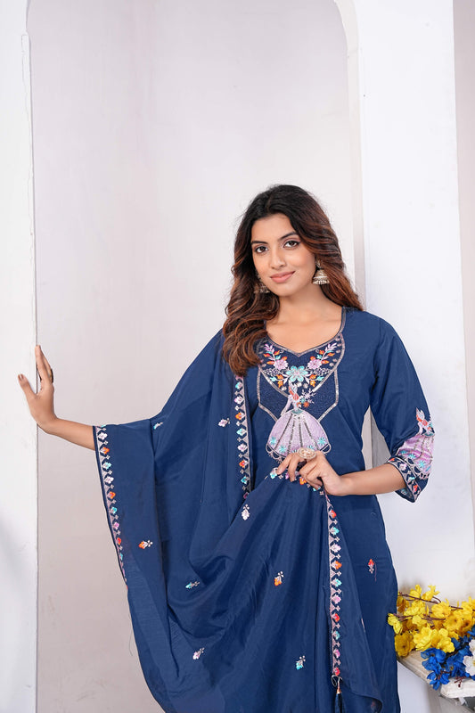 Navy Blue Embroidered Kurti Set with Dupatta