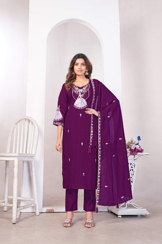 Royal Plum Embroidered Kurti Set with Dupatta