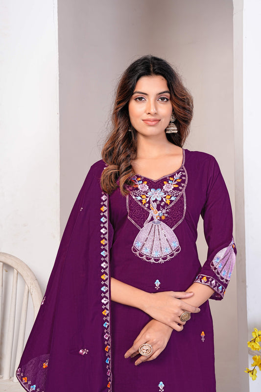 Royal Plum Embroidered Kurti Set with Dupatta